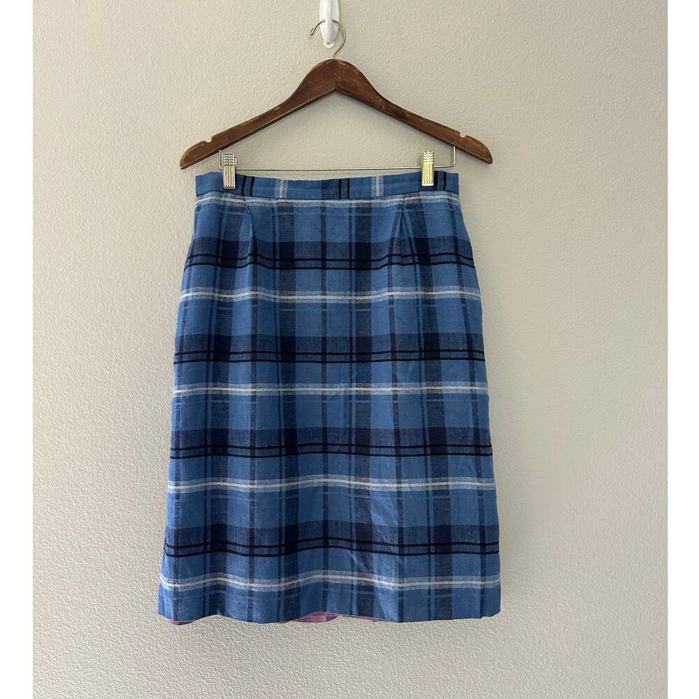 Vintage Plaid Blue Linen Blend Skirt by Jos A. Bank size 14